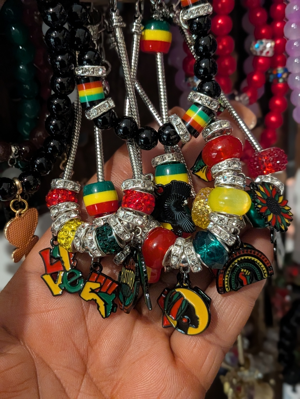 Beaded Reggae Charm Bracelet with Red, Yellow & Green Accents
